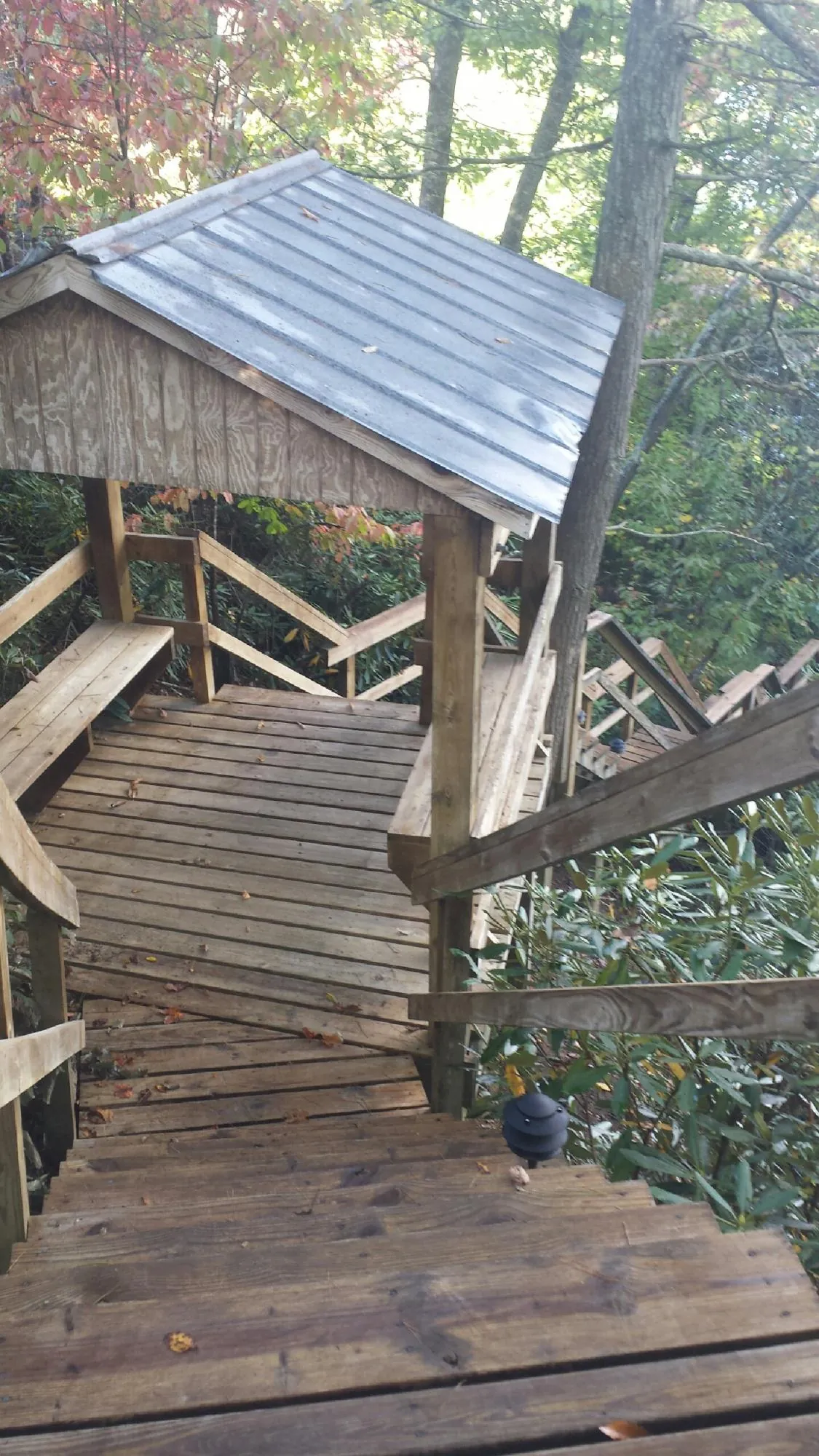 Metal roofed shelter over wooden steps on a wooded walkway — Skylight Repair & Installation work by our crew in Zimmerman
